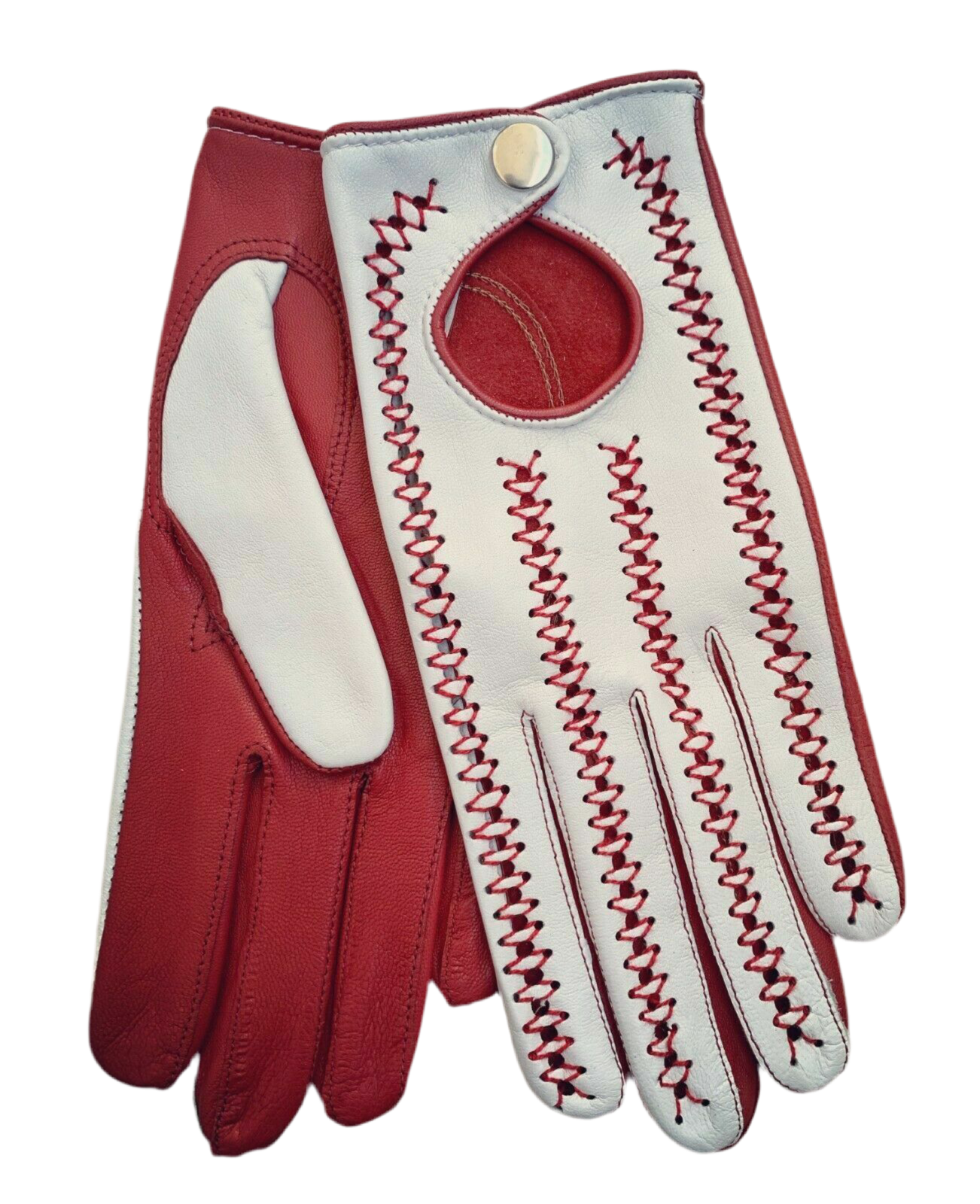 Women's Handmade Driving Napa Leather Lambskin Red & White Gloves