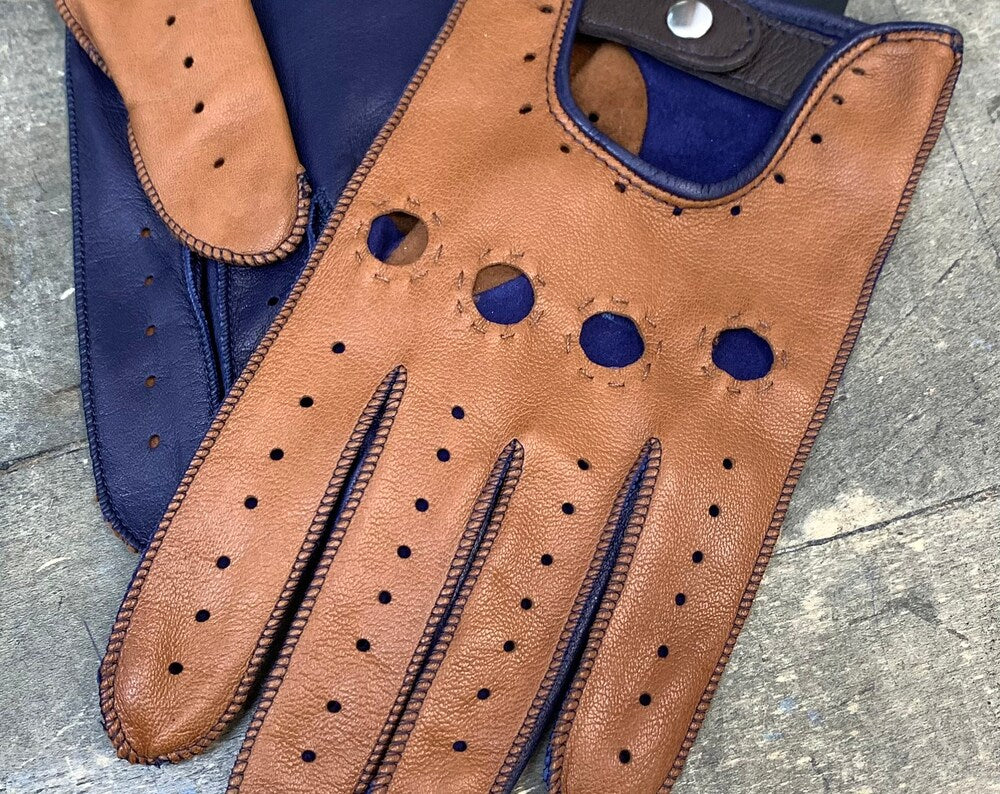 New. Blue and cognac leather driving gloves for men