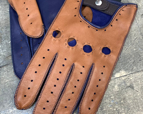 New. Blue and cognac leather driving gloves for men