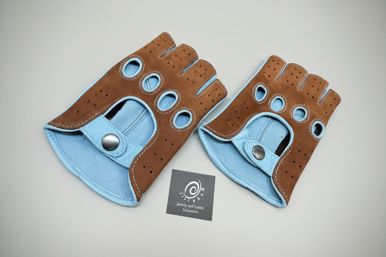 StrixArt Ladies Fingerless Leather Driving Gloves - Suede & Blue Two-Tone