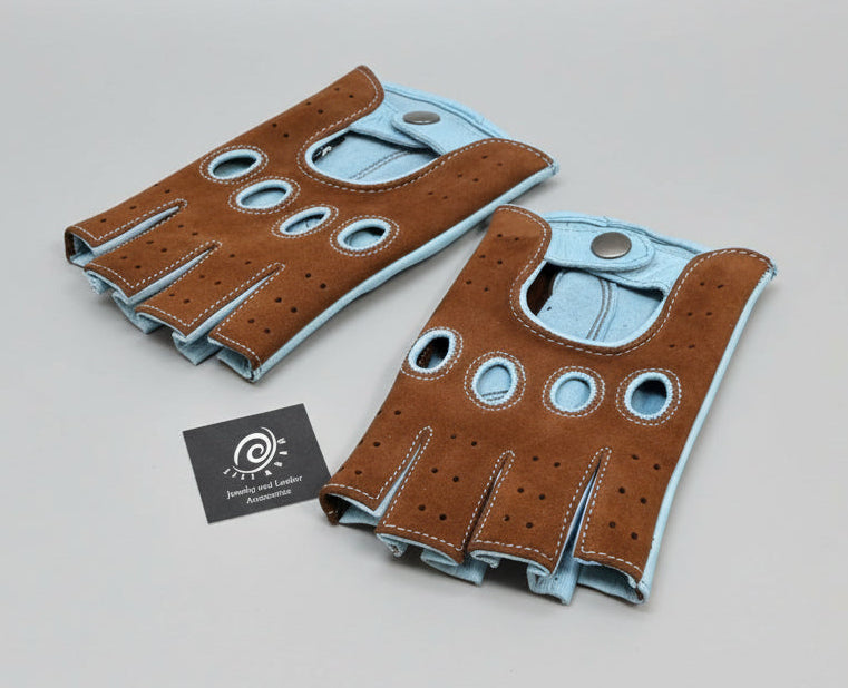StrixArt Ladies Fingerless Leather Driving Gloves - Suede & Blue Two-Tone
