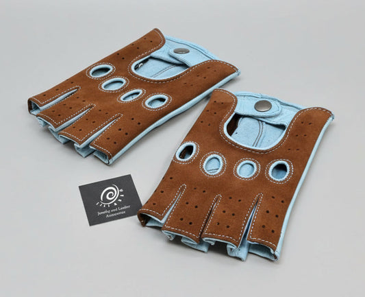 StrixArt Ladies Fingerless Leather Driving Gloves - Suede & Blue Two-Tone