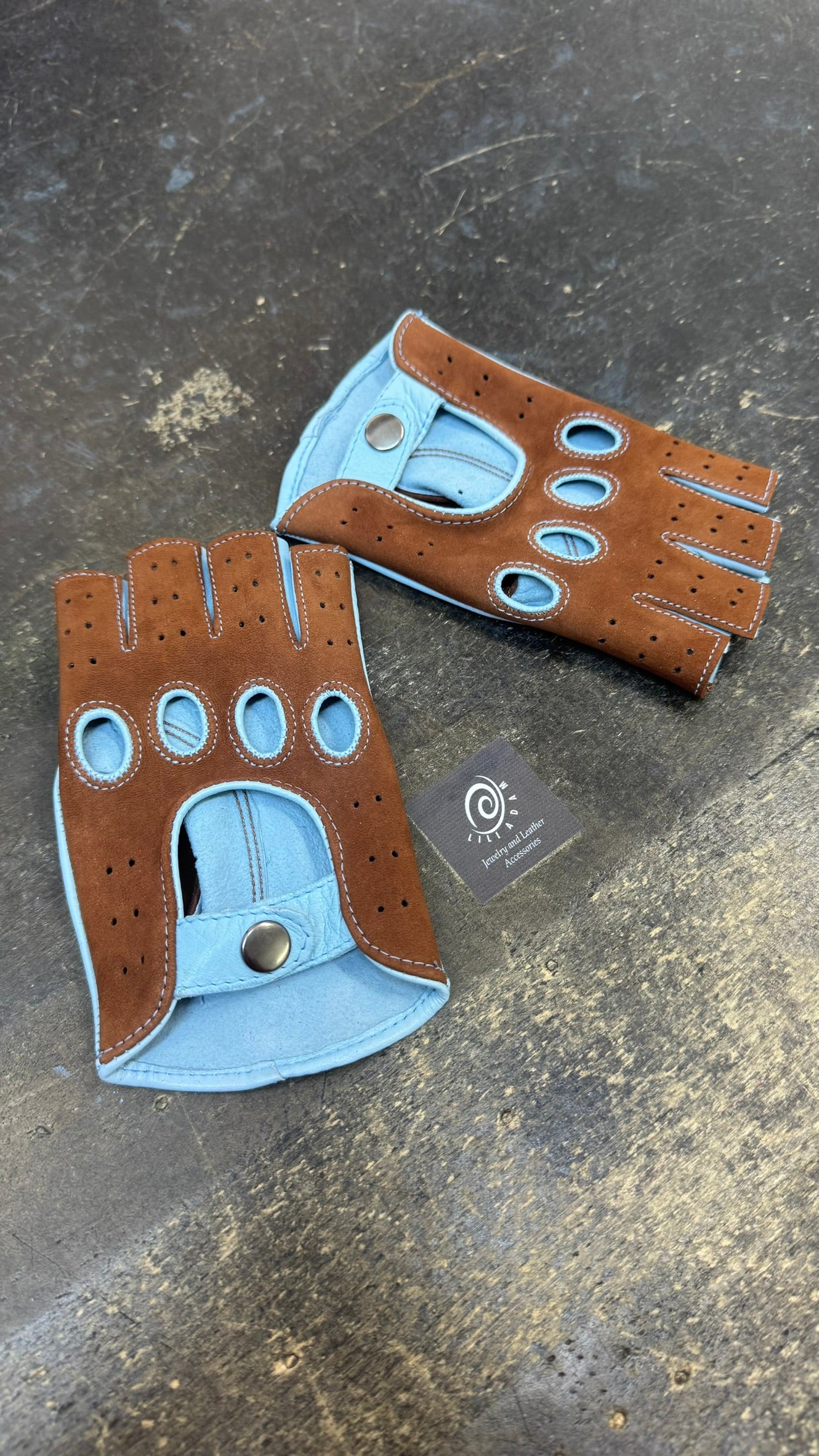 StrixArt Ladies Fingerless Leather Driving Gloves - Suede & Blue Two-Tone
