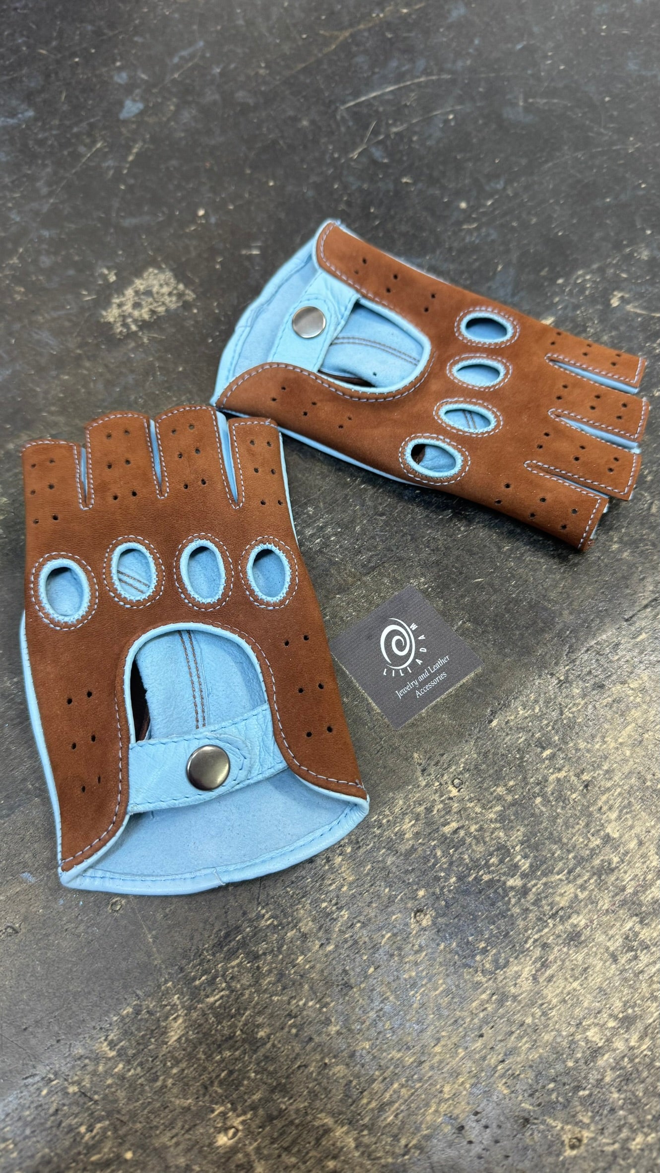 StrixArt Ladies Fingerless Leather Driving Gloves - Suede & Blue Two-Tone