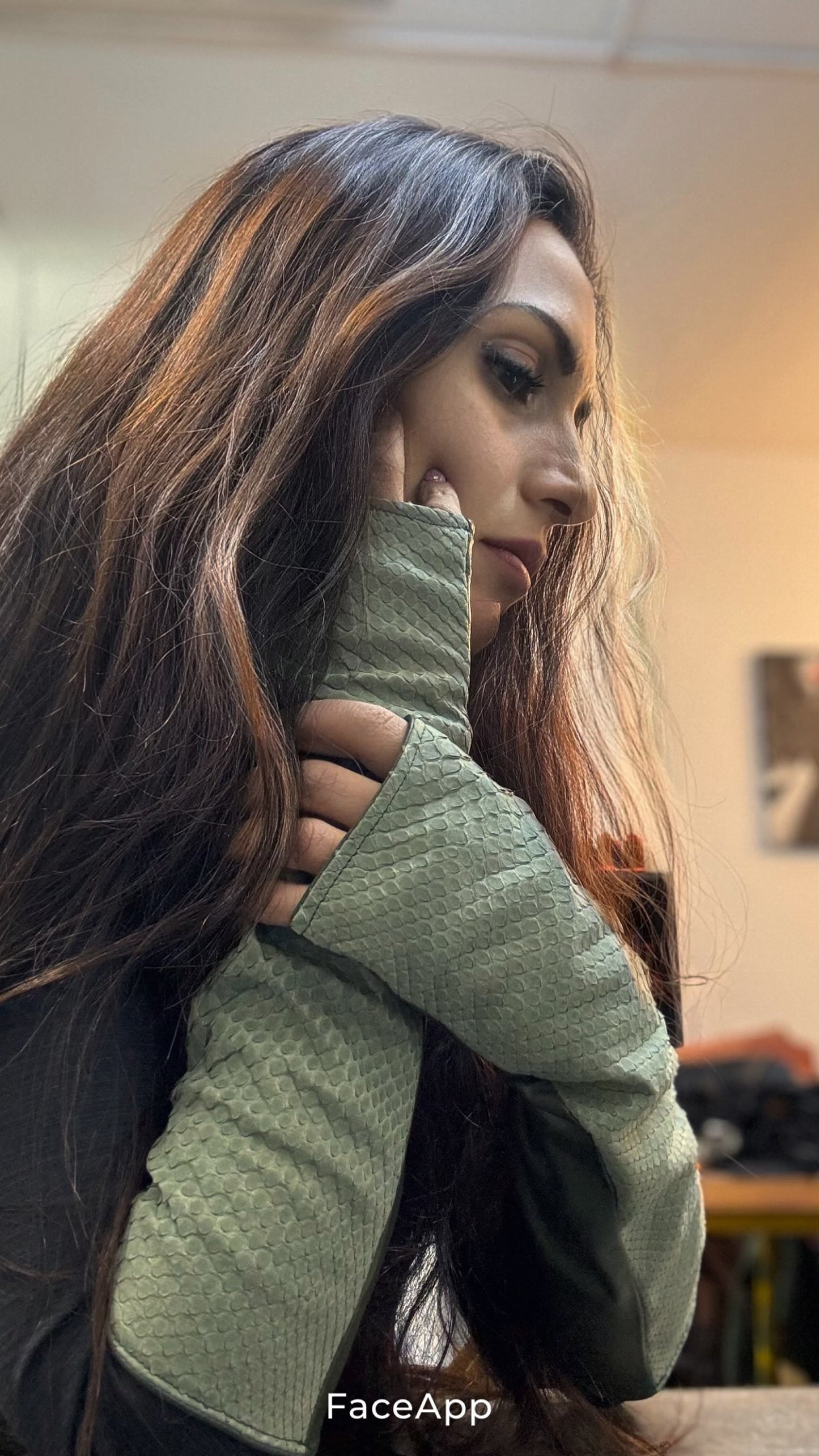 Medusa arm warmers – Silk-lined long python and lambskin arm warmers