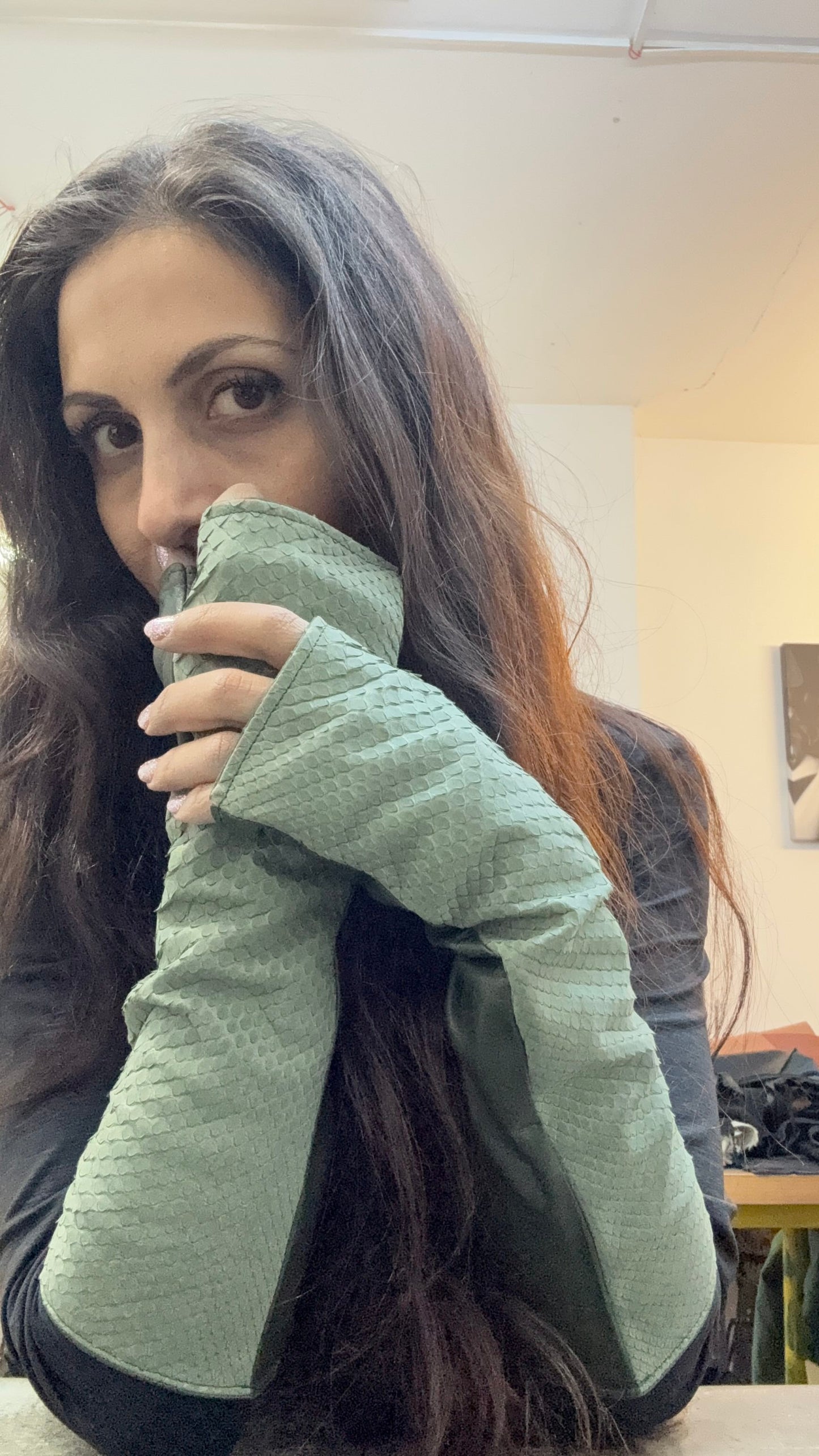Medusa arm warmers – Silk-lined long python and lambskin arm warmers